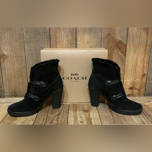 Coach Lenora Suede Boots with Shearling Lining & Logo Button Accents. - Picture 7 of 16